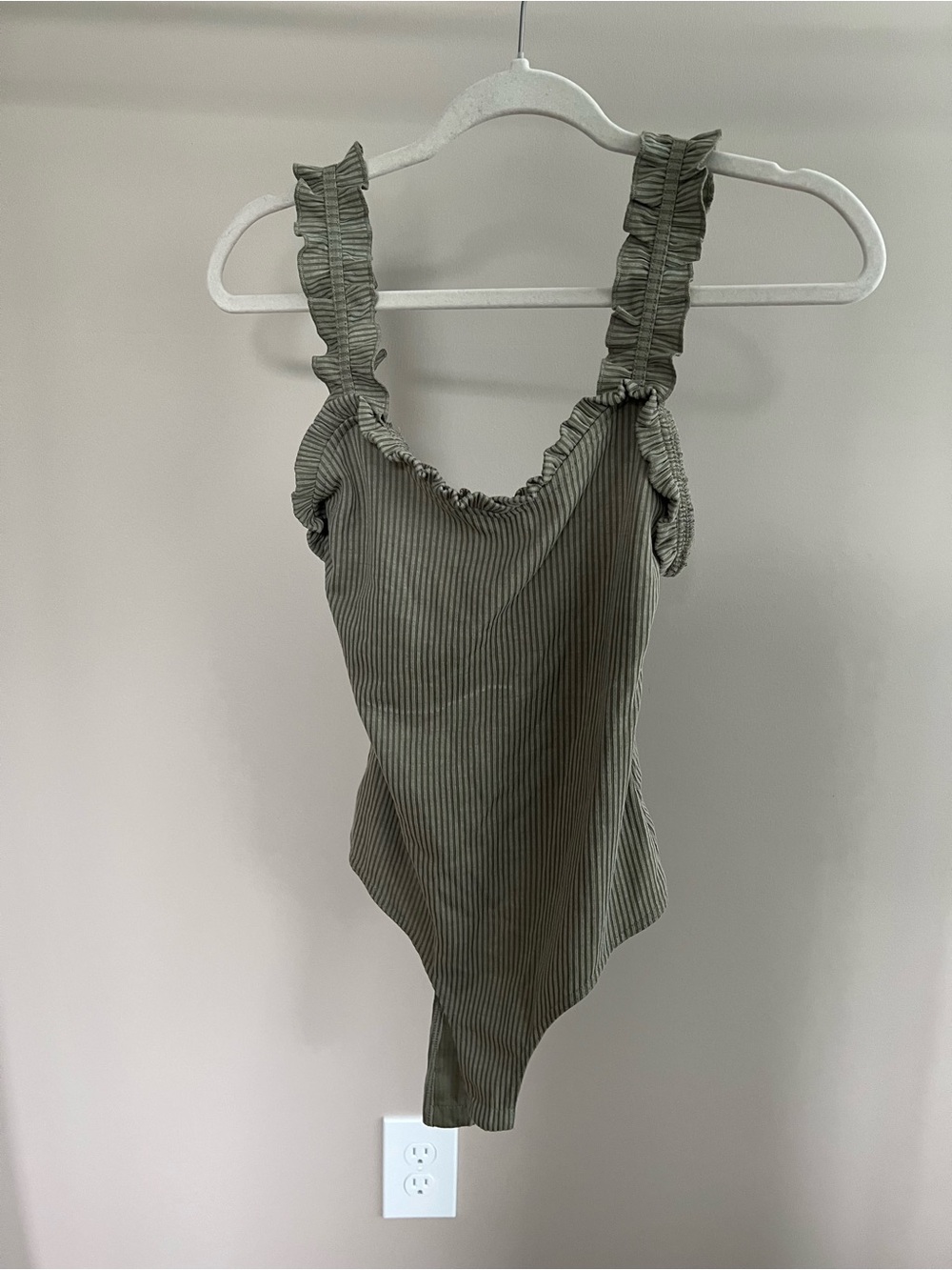 Pink Lily Olive Green Ribbed Ruffle Strap Bodysuit